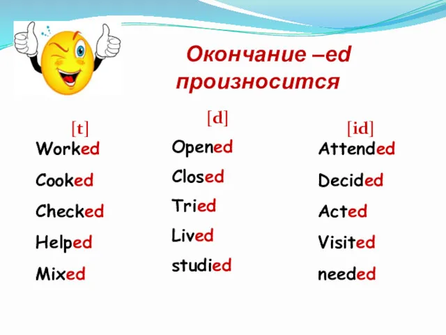 [t] Worked Cooked Checked Helped Mixed [d] Opened Closed Tried