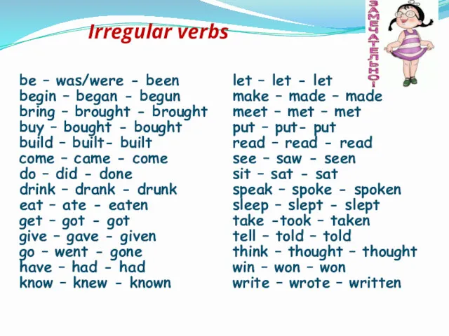 Irregular verbs be – was/were - been begin – began