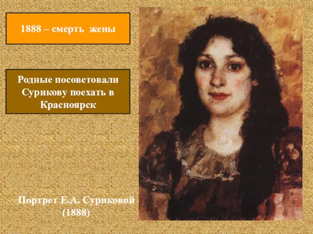 Портрет Е.А. Суриковой (1888) 1888 – смерть жены Родные посоветовали Сурикову поехать в Красноярск