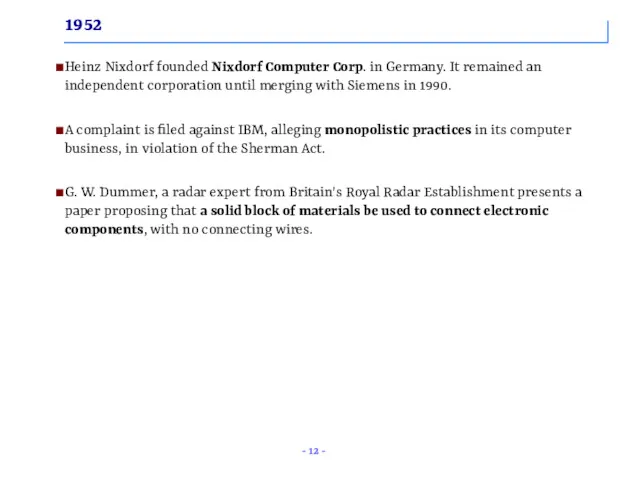 1952 Heinz Nixdorf founded Nixdorf Computer Corp. in Germany. It