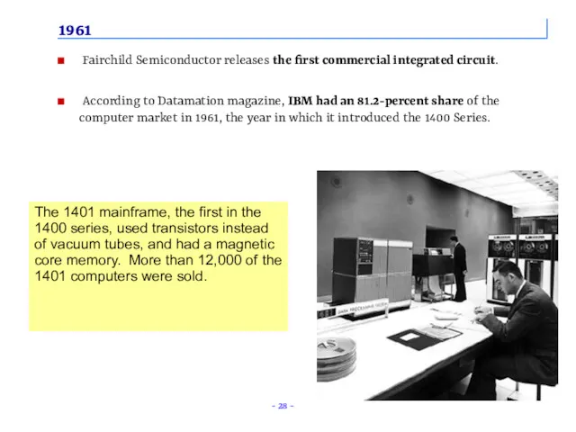 1961 Fairchild Semiconductor releases the first commercial integrated circuit. According