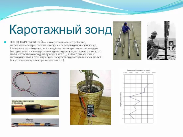 Каротажный зонд ЗОНД КАРОТАЖНЫЙ— измерительное устройство, используемое при геофизических исследованияхв