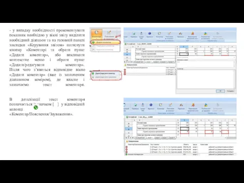 - у випадку необхідності прокоментувати показник необхідно у вікні звіту