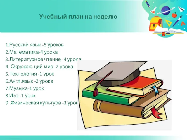 Учебный план на неделю 1.Русский язык -5 уроков 2.Математика-4 урока