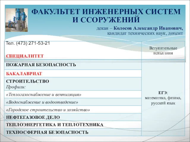 ФАКУЛЬТЕТ ИНЖЕНЕРНЫХ СИСТЕМ И ССОРУЖЕНИЙ декан – Колосов Александр Иванович,
