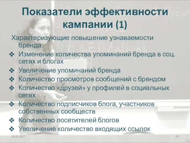 Показатели эффективности кампании (1) Характеризующие повышение узнаваемости бренда: Изменение количества