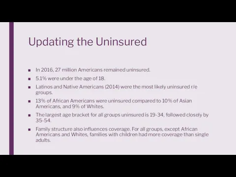 Updating the Uninsured In 2016, 27 million Americans remained uninsured. 5.1% were under