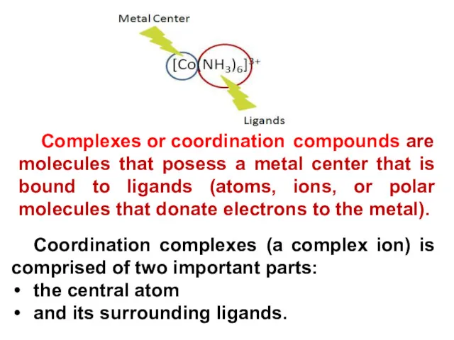 Coordination complexes (a complex ion) is comprised of two important