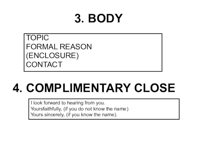 3. BODY TOPIC FORMAL REASON (ENCLOSURE) CONTACT 4. COMPLIMENTARY CLOSE I look forward