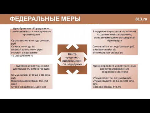 813.ru ФЕДЕРАЛЬНЫЕ МЕРЫ ПОДДЕРЖКИ субъектов МСП? Центр кредитно-инвестиционной поддержки Внедрение