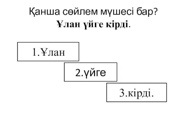 Қанша сөйлем мүшесі бар? Ұлан үйге кірді. 1.Ұлан 2.үйге 3.кірді.