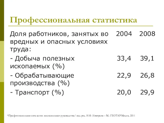 Профессиональная статистика *Профессиональная патология: национальное руководство/ под ред. Н.Ф. Измерова – М.: ГЕОТАР-Медиа, 2011