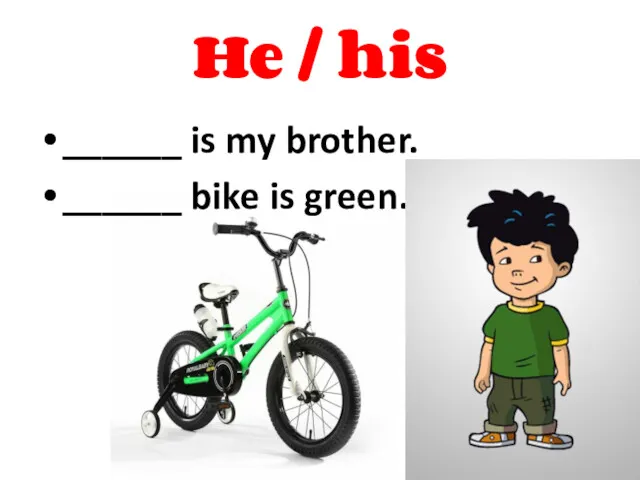 He / his ______ is my brother. ______ bike is green. He His