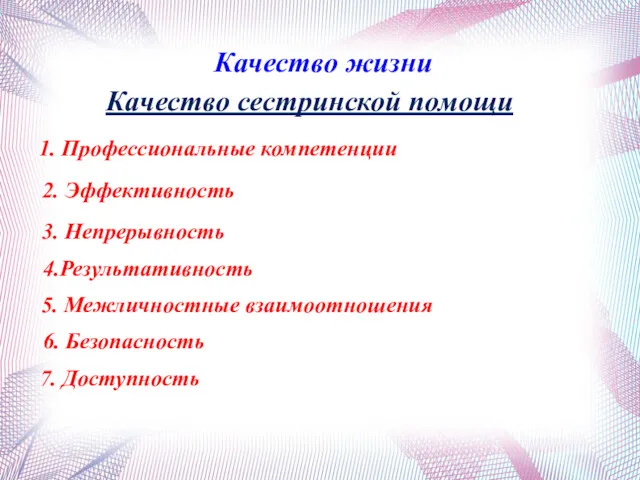 Качество сестринской помощи Качество жизни 1. Профессиональные компетенции 2. Эффективность