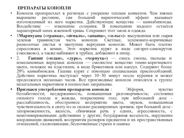 ПРЕПАРАТЫ КОНОПЛИ Конопля произрастает в регионах с умеренно теплым климатом.