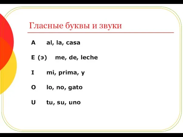 Гласные буквы и звуки A al, la, casa E (э)