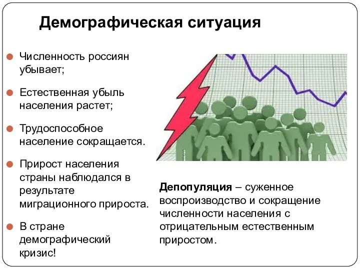 Демографическая ситуация Численность россиян убывает; Естественная убыль населения растет; Трудоспособное население сокращается. Прирост