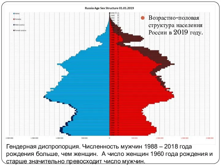 Возрастно-половая структура населения России в 2019 году. Гендерная диспропорция. Численность мужчин 1988 –