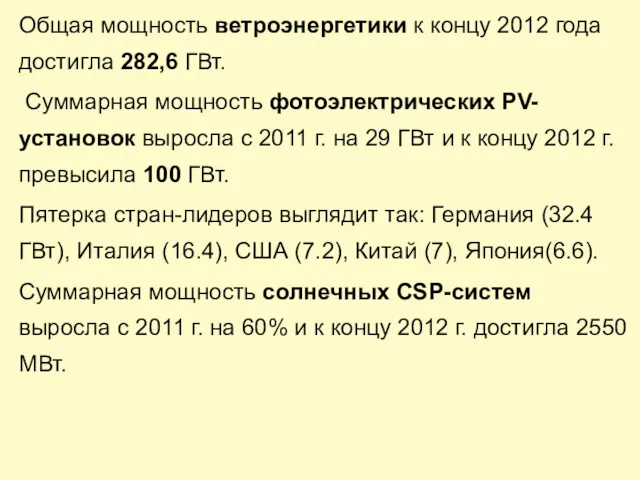 Общая мощность ветроэнергетики к концу 2012 года достигла 282,6 ГВт.