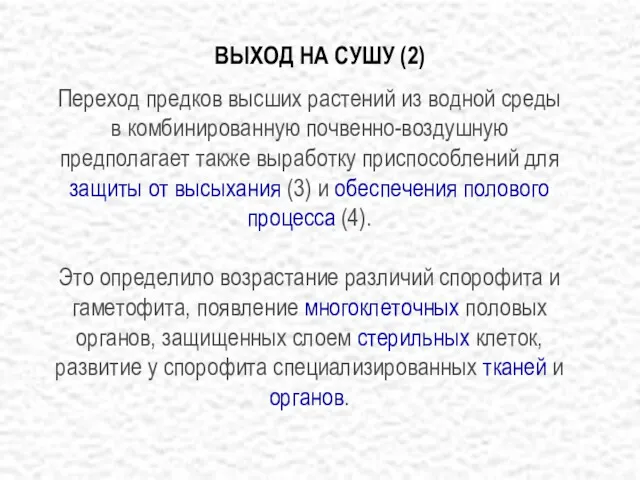 ВЫХОД НА СУШУ (2) Переход предков высших растений из водной