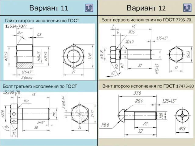 Гайка второго исполнения по ГОСТ 15524-70 Болт первого исполнения по ГОСТ 7795-70 Болт