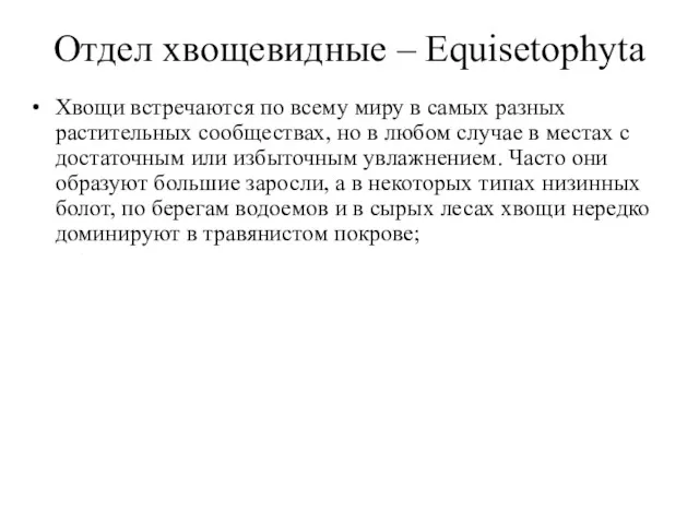 Отдел хвощевидные – Equisetophyta Хвощи встречаются по всему миру в самых разных растительных