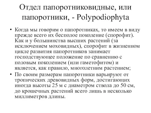 Отдел папоротниковидные, или папоротники, - Polypodiophyta Когда мы говорим о папоротниках, то имеем