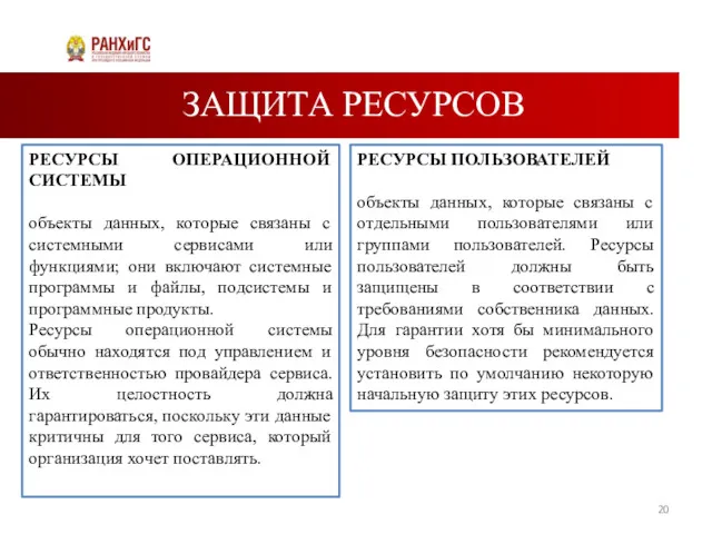 ЗАЩИТА РЕСУРСОВ РЕСУРСЫ ОПЕРАЦИОННОЙ СИСТЕМЫ объекты данных, которые связаны с