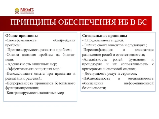 ПРИНЦИПЫ ОБЕСПЕЧЕНИЯ ИБ В БС Общие принципы -Своевременность обнаружения проблем;