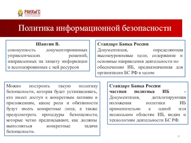 Политика информационной безопасности Шангин В. совокупность документированных управленческих решений, направленных