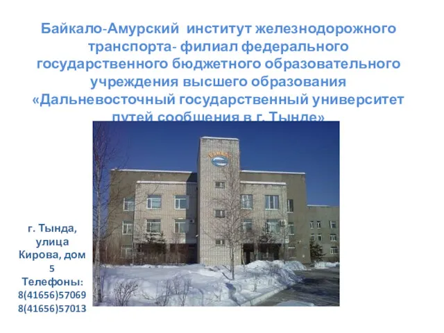 Байкало-Амурский институт железнодорожного транспорта- филиал федерального государственного бюджетного образовательного учреждения