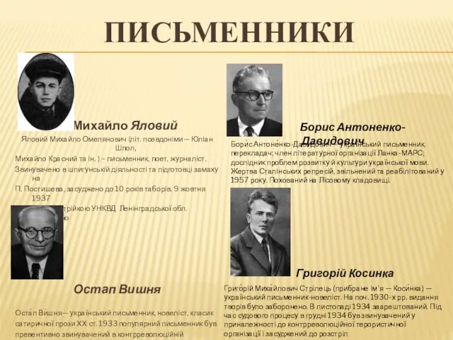 ПИСЬМЕННИКИ Михайло Яловий Яловий Михайло Омелянович (літ. псевдоніми— Юліан Шпол, Михайло Красний та