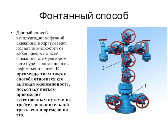 Фонтанный способ Данный способ эксплуатации нефтяной скважины подразумевает поднятие жидкостей