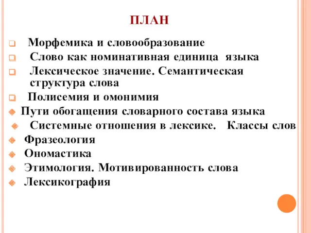 ПЛАН Морфемика и словообразование Слово как номинативная единица языка Лексическое