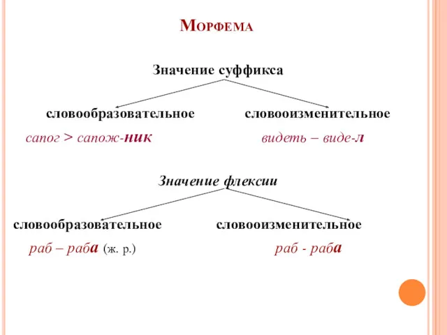 Морфема Значение суффикса словообразовательное словооизменительное сапог > сапож-ник видеть –