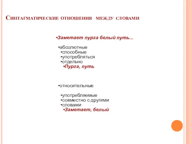 Синтагматические отношения между словами Заметает пурга белый путь... абсолютные способные