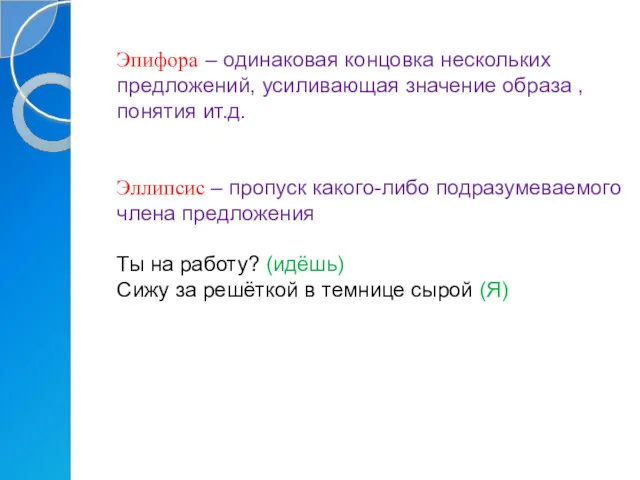 Эпифора – одинаковая концовка нескольких предложений, усиливающая значение образа ,