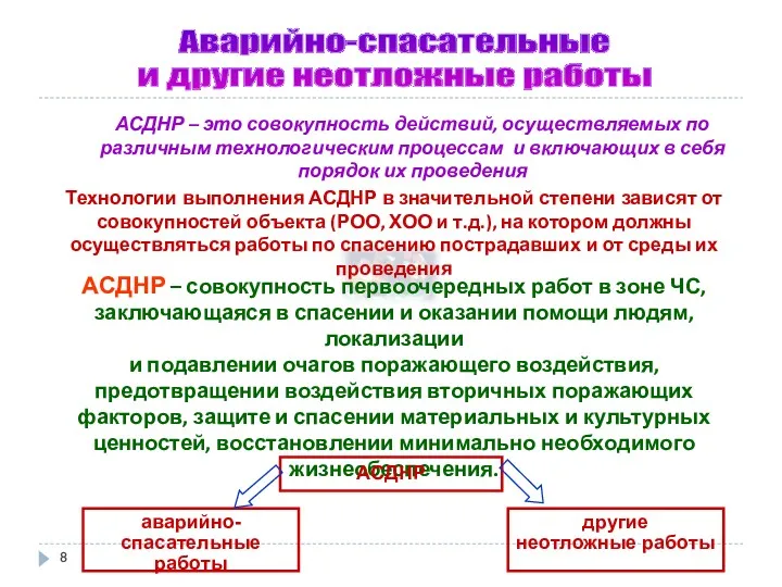 Аварийно-спасательные и другие неотложные работы АСДНР – это совокупность действий,