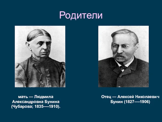 Родители мать — Людмила Александровна Бунина (Чубарова; 1835—-1910). Отец — Алексей Николаевич Бунин (1827—-1906)