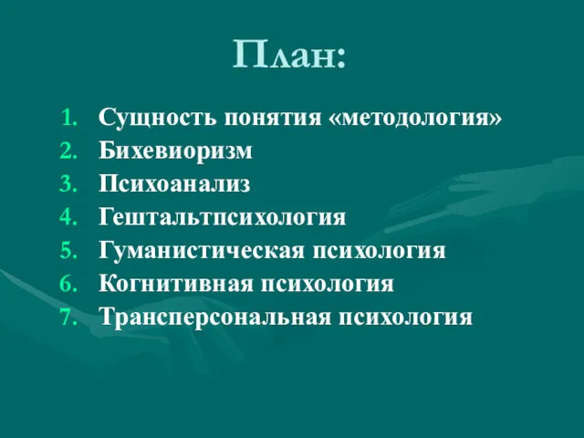 План: Сущность понятия «методология» Бихевиоризм Психоанализ Гештальтпсихология Гуманистическая психология Когнитивная психология Трансперсональная психология