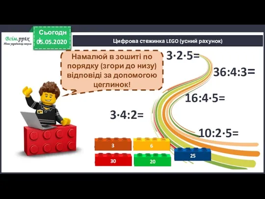 Цифрова стежинка LEGO (усний рахунок) 3∙2∙5= 10:2∙5= 3∙4:2= 16:4∙5= 36:4:3=