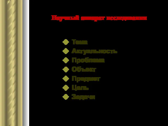 Научный аппарат исследования Тема Актуальность Проблема Объект Предмет Цель Задачи