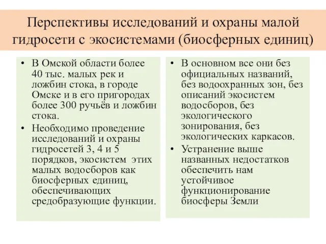 Перспективы исследований и охраны малой гидросети с экосистемами (биосферных единиц)