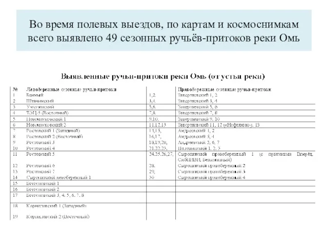 Во время полевых выездов, по картам и космоснимкам всего выявлено 49 сезонных ручьёв-притоков реки Омь