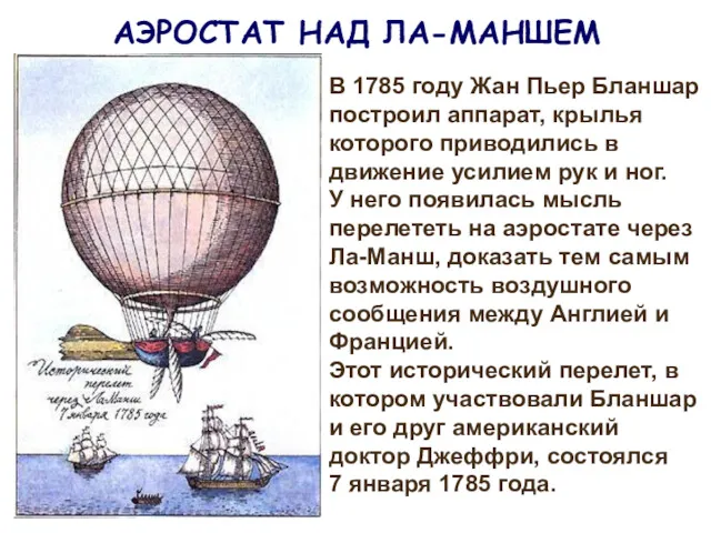 АЭРОСТАТ НАД ЛА-МАНШЕМ В 1785 году Жан Пьер Бланшар построил аппарат, крылья которого