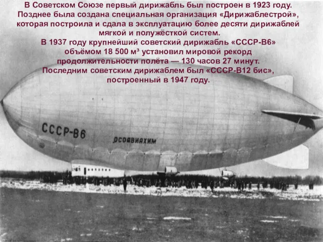 В Советском Союзе первый дирижабль был построен в 1923 году. Позднее была создана