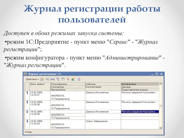 Журнал регистрации работы пользователей Доступен в обоих режимах запуска системы: