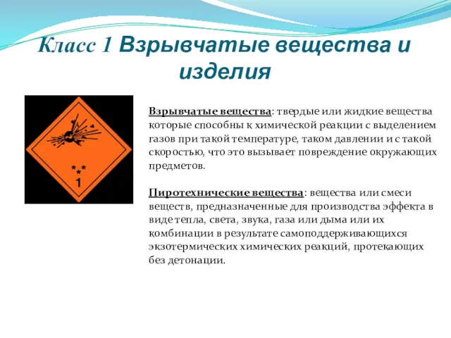 Класс 1 Взрывчатые вещества и изделия Взрывчатые вещества: твердые или