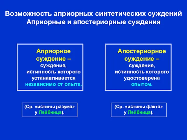 Возможность априорных синтетических суждений Априорные и апостериорные суждения Априорное суждение