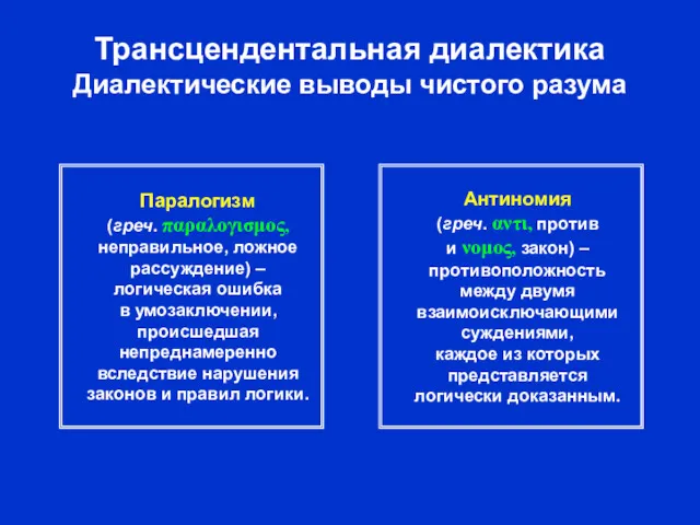 Трансцендентальная диалектика Диалектические выводы чистого разума Антиномия (греч. αντι, против